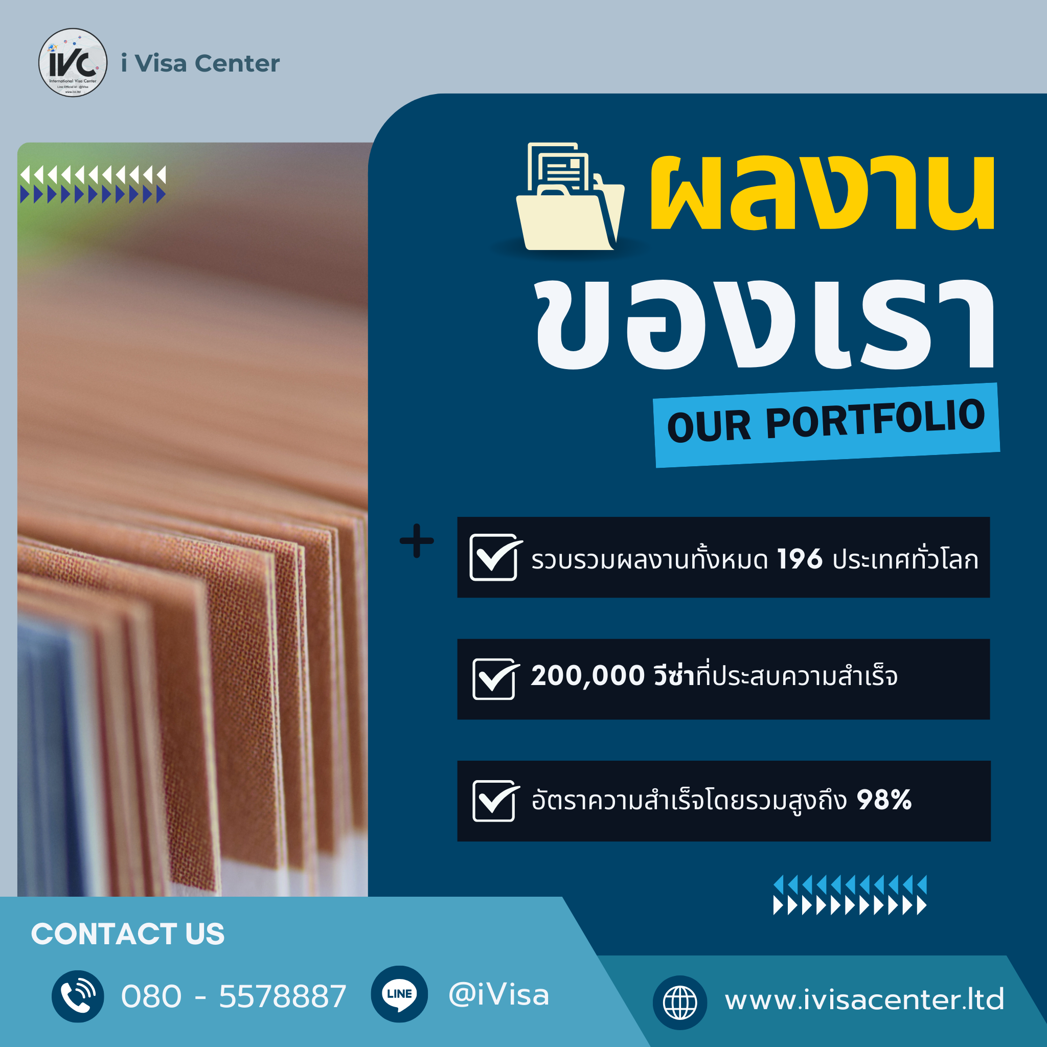 ภาพนำเสนอผลงานของ i Visa Center ผู้ให้บริการด้านวีซ่าชั้นนำ แบ่งเป็นสองส่วนหลัก: ด้านซ้ายแสดงภาพหนังสือเดินทางเรียงซ้อนกัน สื่อถึงประสบการณ์การให้บริการ ด้านขวาเป็นพื้นสีน้ำเงินเข้มแสดงข้อมูลสำคัญ
หัวข้อหลัก 'ผลงานของเรา' (OUR PORTFOLIO) โดดเด่นด้วยตัวอักษรสีเหลืองและขาว พร้อมไอคอนแฟ้มเอกสาร ใต้หัวข้อแสดงผลงานสำคัญ 3 ประการ:

รวบรวมผลงานทั้งหมด 196 ประเทศทั่วโลก
200,000 วีซ่าที่ประสบความสำเร็จ
อัตราความสำเร็จโดยรวมสูงถึง 98%

ส่วนบนซ้ายแสดงโลโก้และชื่อบริษัท i Visa Center ส่วนล่างมีข้อมูลติดต่อ: เบอร์โทร 080-5578887, LINE @iVisa และเว็บไซต์ www.ivisacenter.ltd
การออกแบบใช้โทนสีน้ำเงิน ฟ้า และเหลือง สร้างความรู้สึกมืออาชีพและน่าเชื่อถือ ภาพรวมสื่อถึงประสบการณ์ ความเชี่ยวชาญ และความสำเร็จในการให้บริการวีซ่าระดับโลกของ i Visa Center