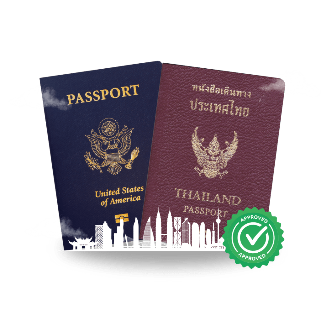 "ภาพหลักฐานการยื่นวีซ่าอเมริกา แสดงพาสปอร์ตสหรัฐอเมริกาสีน้ำเงินและพาสปอร์ตประเทศไทยสีแดงเลือดหมู พร้อมภาพเส้นขาวด้านล่างแสดง Skyline ของตึกระฟ้าที่มีชื่อเสียง และมีตราประทับสีเขียวแสดงสถานะ APPROVED สื่อถึงความสำเร็จในการให้บริการทำวีซ่าและบริการยื่นวีซ่าโดยผู้เชี่ยวชาญ เน้นการบริการวีซ่าอเมริกาที่มีคุณภาพและได้มาตรฐานระดับสากล จากศูนย์บริการวีซ่าที่มีความเชี่ยวชาญในการดำเนินการยื่นวีซ่าทุกประเภท สำหรับคนไทยที่ต้องการเดินทางไปประเทศสหรัฐอเมริกา และทุกประเทศทั่วโลก"